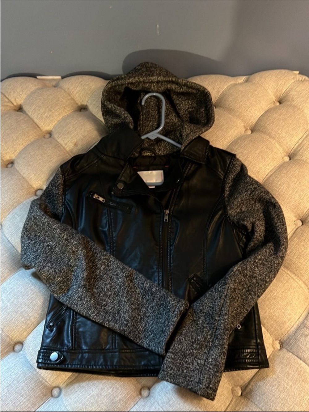 Xhilaration Black Faux Leather Jacket with Gray Knit Hood & Sleeves